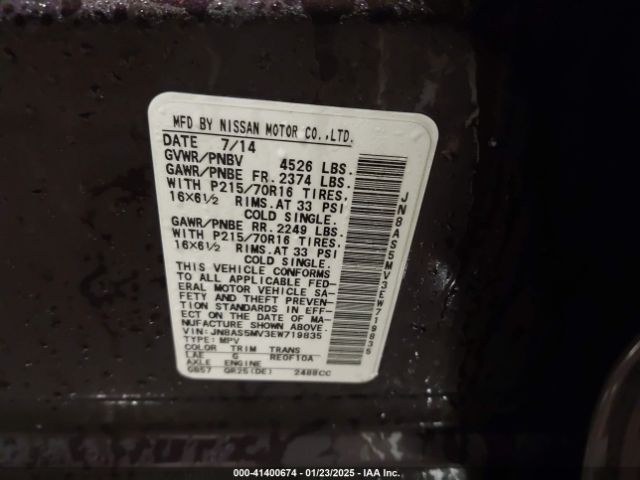 JN8AS5MV3EW719835 Nissan Rogue Select S