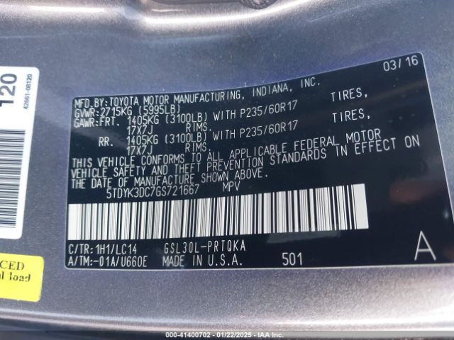 5TDYK3DC7GS721667 Toyota Sienna Xle/limited