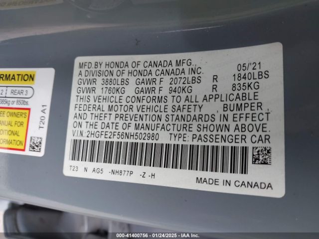 2HGFE2F56NH502980 Honda Civic Sport