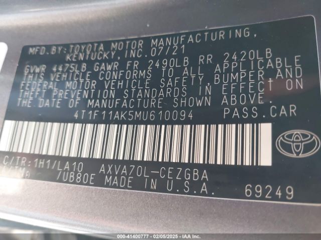 4T1F11AK5MU610094 Toyota CAMRY XLE