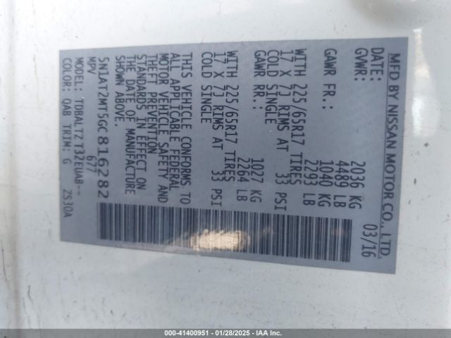 5N1AT2MT5GC816282 Nissan Rogue S/sl/sv