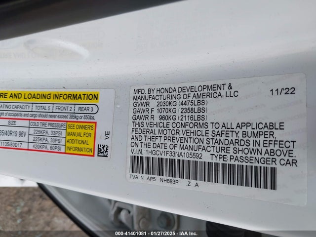 1HGCV1F33NA105592 Honda Accord Sport