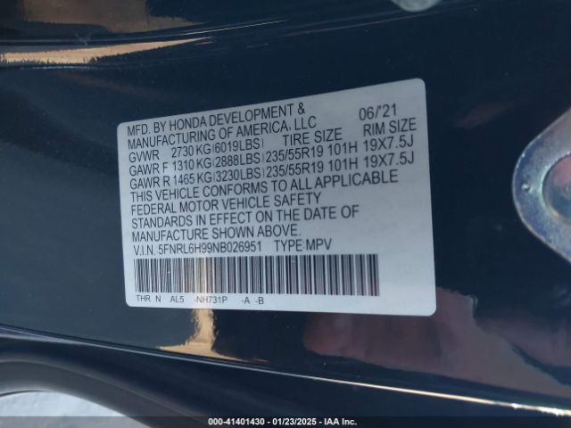 5FNRL6H99NB026951 Honda Odyssey Elite