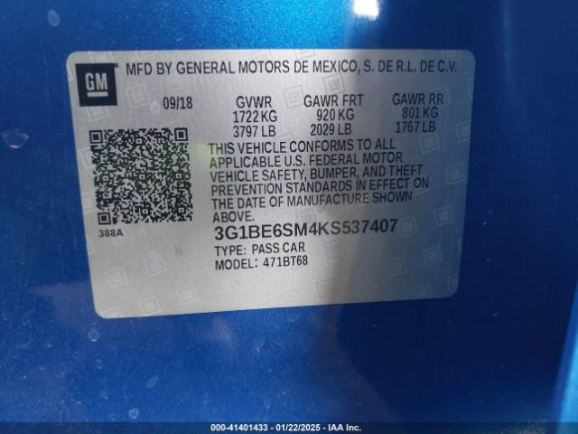3G1BE6SM4KS537407 Chevrolet CRUZE LT