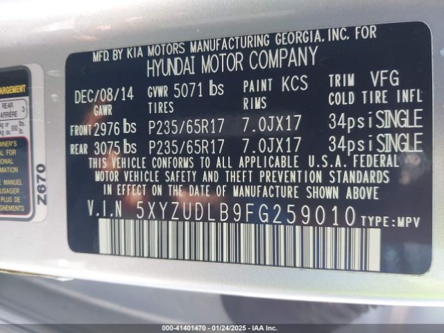 5XYZUDLB9FG259010 Hyundai Santa Fe Sport 2.4l