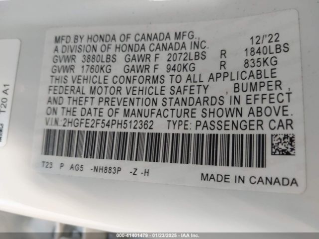 2HGFE2F54PH512362 Honda Civic Sport