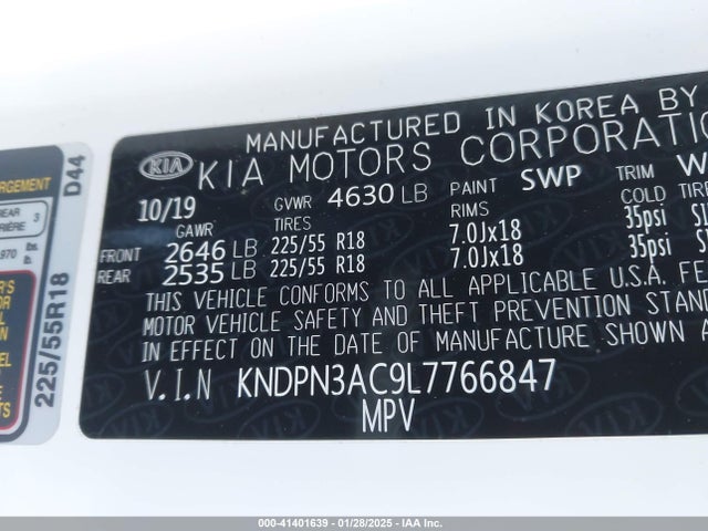41401639 :رقم المزاد ، KNDPN3AC9L7766847 vin ، 2020 Kia Sportage Ex مزاد بيع