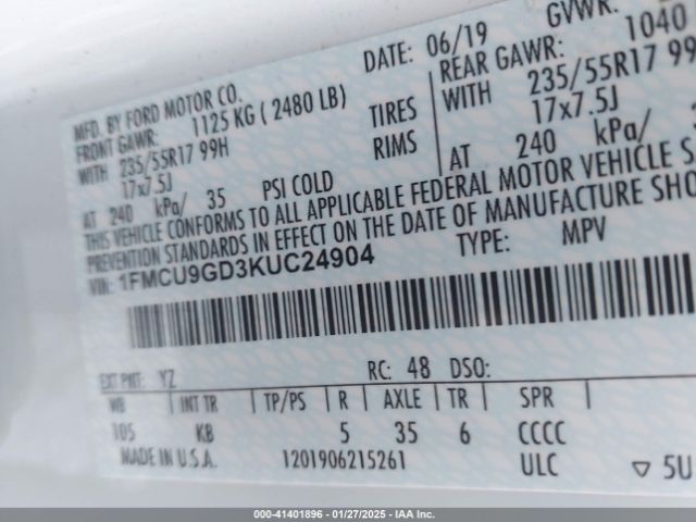 1FMCU9GD3KUC24904 Ford ESCAPE SE