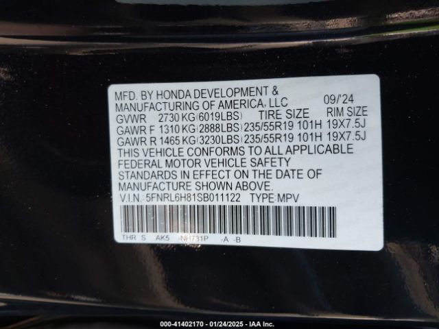 5FNRL6H81SB011122 Honda Odyssey Touring