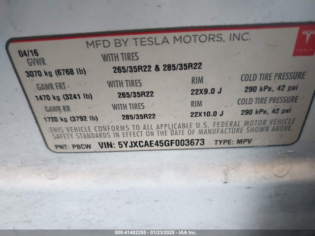 2016 TESLA MODEL X 5YJXCAE45GF003673 Photo 8