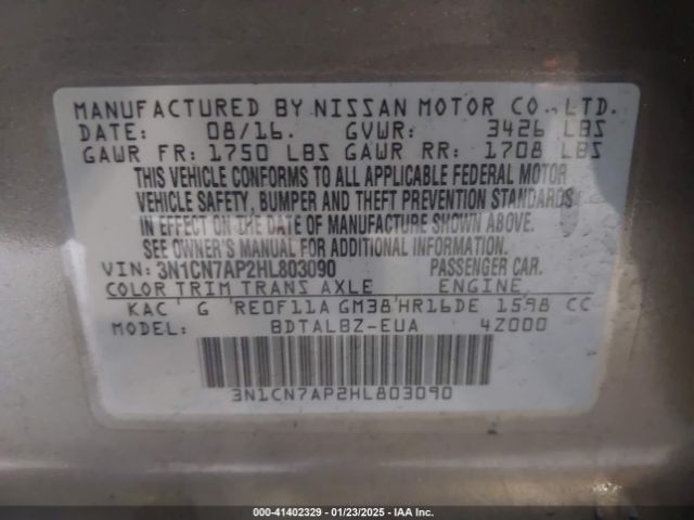 3N1CN7AP2HL803090 Nissan Versa 1.6 S/1.6 S+/1.6 Sl/1.6 Sv