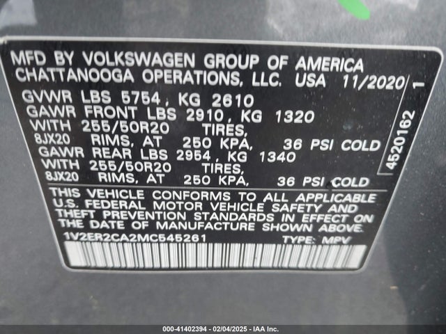 Продажа на аукционе авто 2021 Volkswagen Atlas 3.6l V6 Sel, vin: 1V2ER2CA2MC545261, номер лота: 41402394