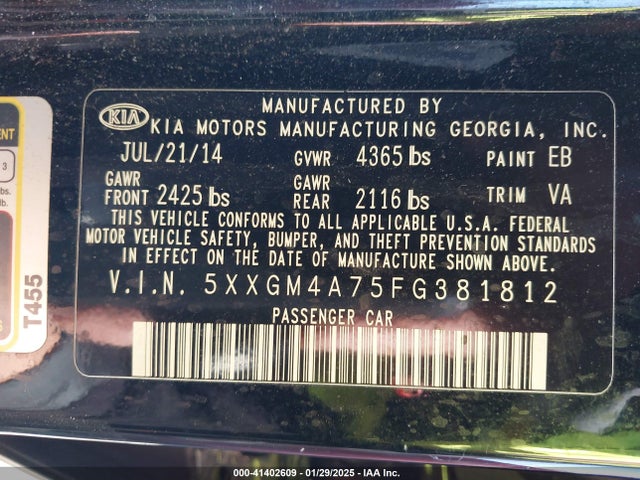 KIA Optima Lx 2015 5XXGM4A75FG381812 Image 9