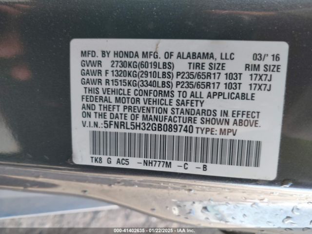 5FNRL5H32GB089740 Honda ODYSSEY SE