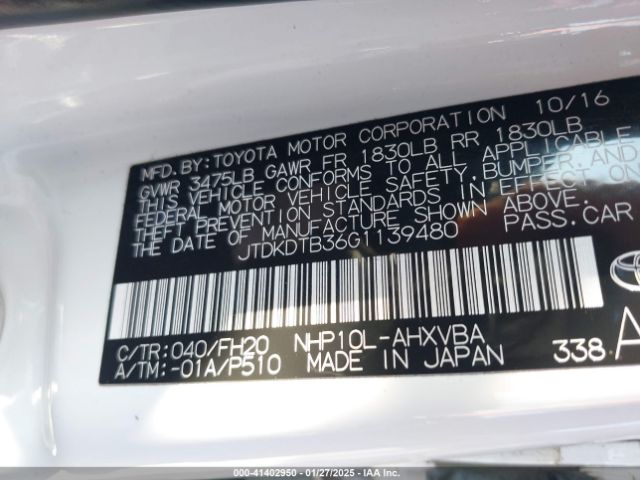 JTDKDTB36G1139480 Toyota Prius C One