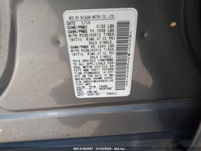 JN8AZ1MU2EW409168 Nissan Murano Le/s/sl/sv