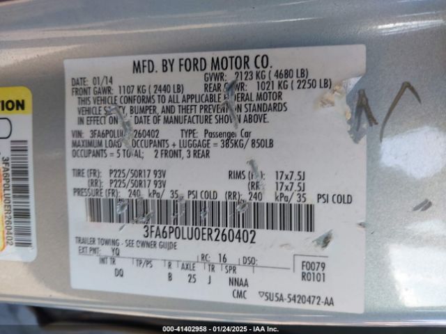 3FA6P0LU0ER260402 Ford Fusion Hybrid Se