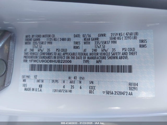 Ford ESCAPE SE 2017 1FMCU9GD8HUB22006 Image 9