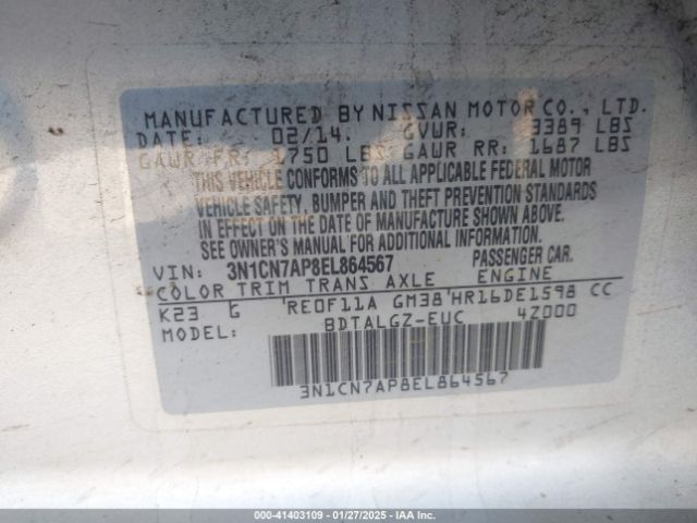 3N1CN7AP8EL864567 Nissan Versa 1.6 Sl