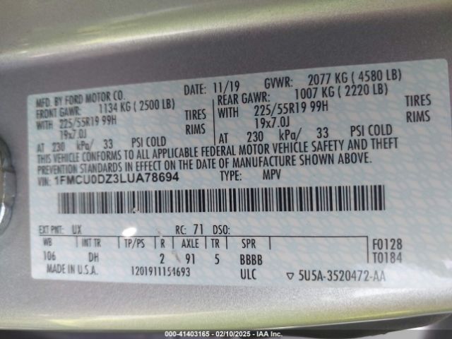 1FMCU0DZ3LUA78694 Ford Escape Titanium Hybrid