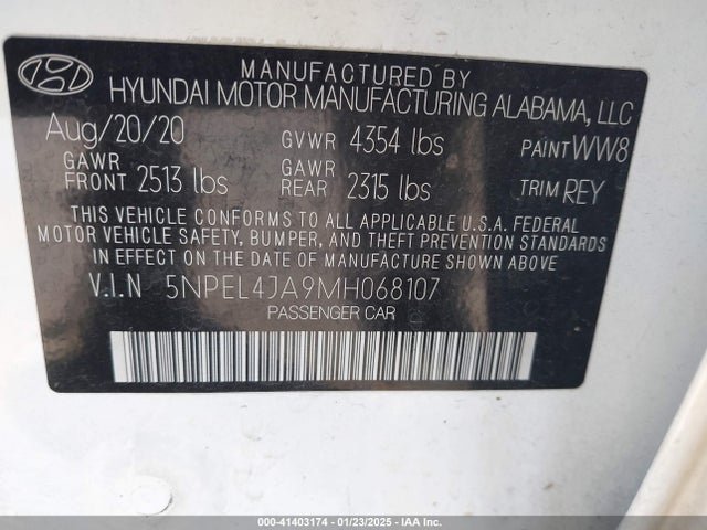 5NPEL4JA9MH068107 Hyundai SONATA SEL