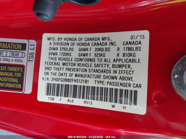 Honda CIVIC EX 2015 2HGFG3B82FH512181 Image 9