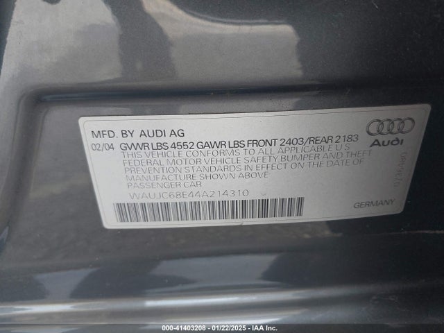 Aukcja sprzedaży 2004 Audi A4 1.8t, vin: WAUJC68E44A214310, numer aukcji: 41403208