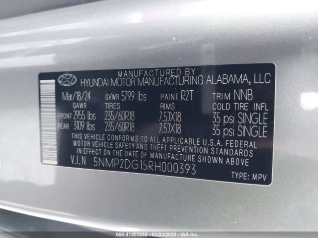 5NMP2DG15RH000393 Hyundai Santa Fe Hybrid Sel