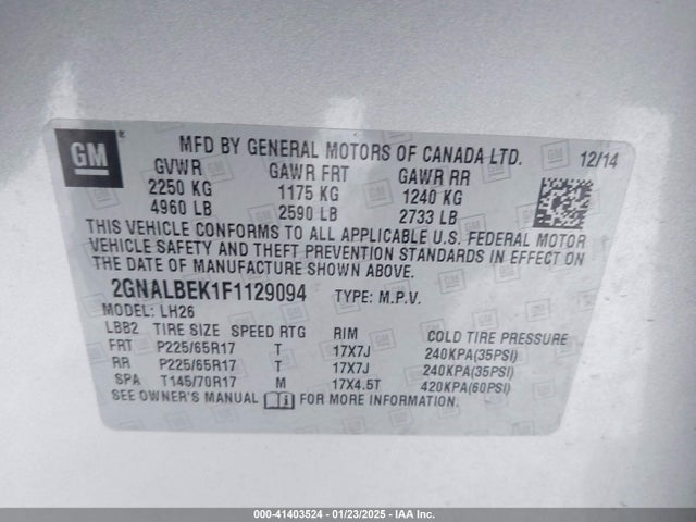 Chevrolet EQUINOX 1LT 2015 2GNALBEK1F1129094 Image 9