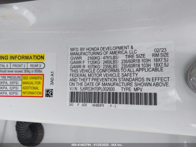 5J6RS3H70PL002600 Honda Cr-v Ex-l 2wd