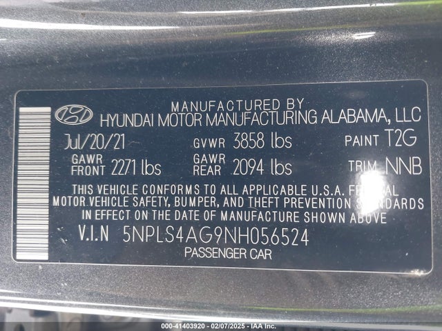5NPLS4AG9NH056524 Hyundai ELANTRA SEL