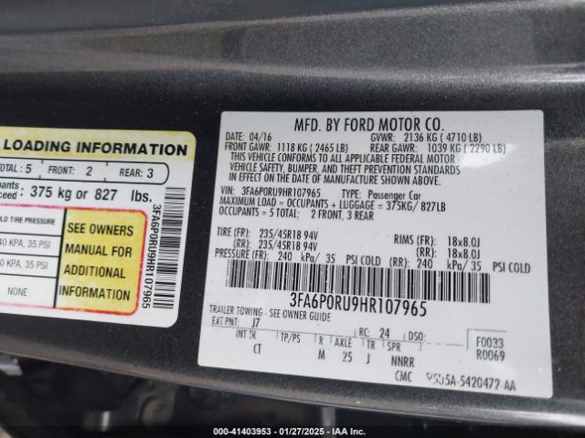 3FA6P0RU9HR107965 Ford Fusion Hybrid Titanium
