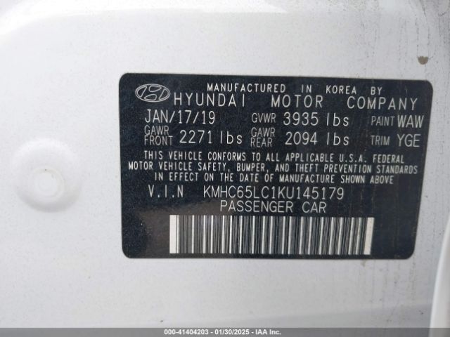 KMHC65LC1KU145179 Hyundai Ioniq Hybrid Blue