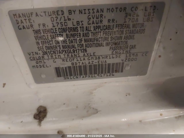 3N1CN7APXGL917126 Nissan Versa 1.6 S+