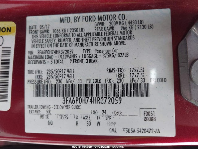 Ford FUSION SE 2017 3FA6P0H74HR372059 Image 9