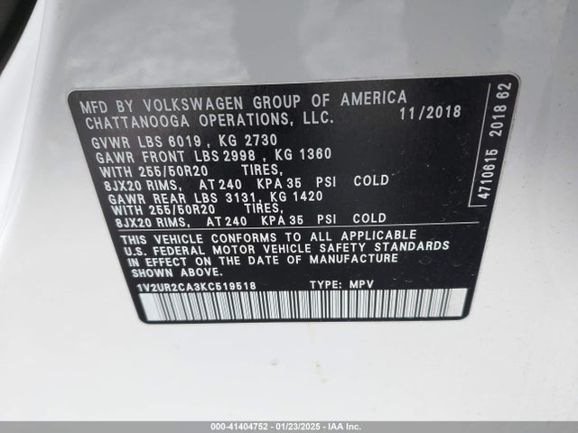 1V2UR2CA3KC519518 Volkswagen Atlas 3.6l V6 Se W/technology