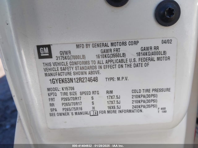 2002 CADILLAC ESCALADE 1GYEK63N12R274648 Photo 8