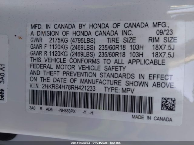 2HKRS4H78RH421233 Honda Cr-v Ex-l Awd