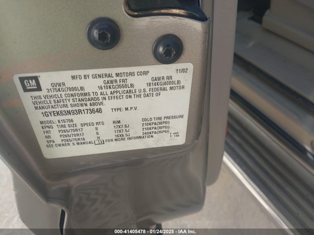 2003 CADILLAC ESCALADE 1GYEK63N93R173648 Photo 8