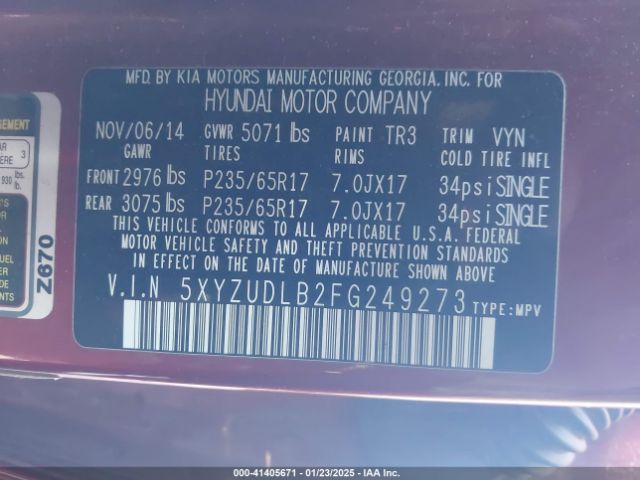 5XYZUDLB2FG249273 Hyundai Santa Fe Sport 2.4l