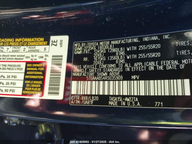 5TDAAAB54RS035909 Toyota Grand Highlander Platinum