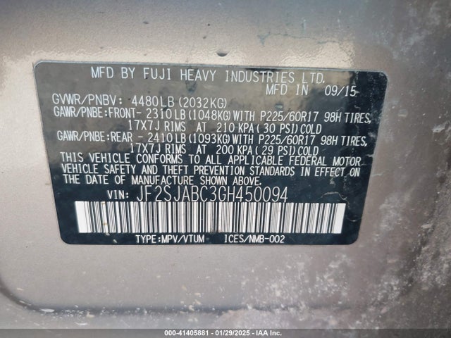 Subaru Forester 2.5i 2016 JF2SJABC3GH450094 Image 9