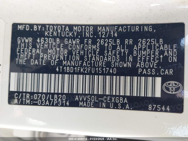 4T1BD1FK2FU151740 Toyota Camry Hybrid Xle
