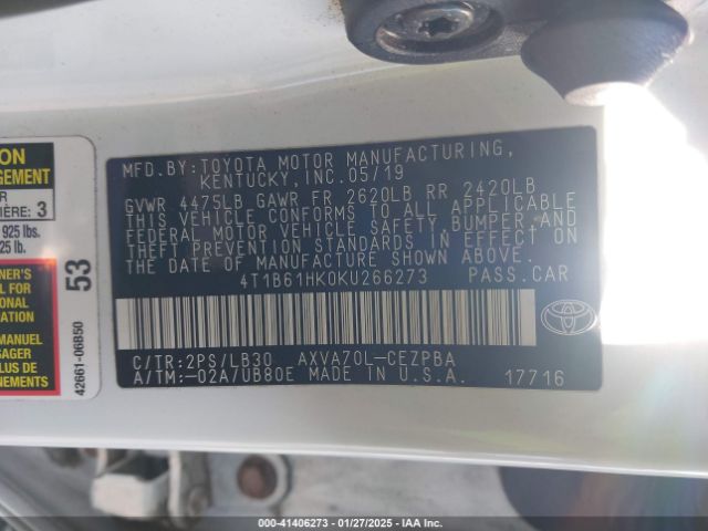 4T1B61HK0KU266273 Toyota CAMRY XSE