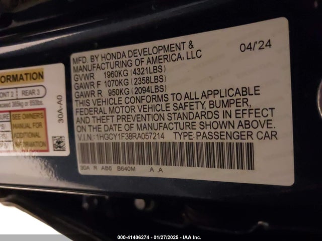 1HGCY1F38RA057214 Honda ACCORD EX