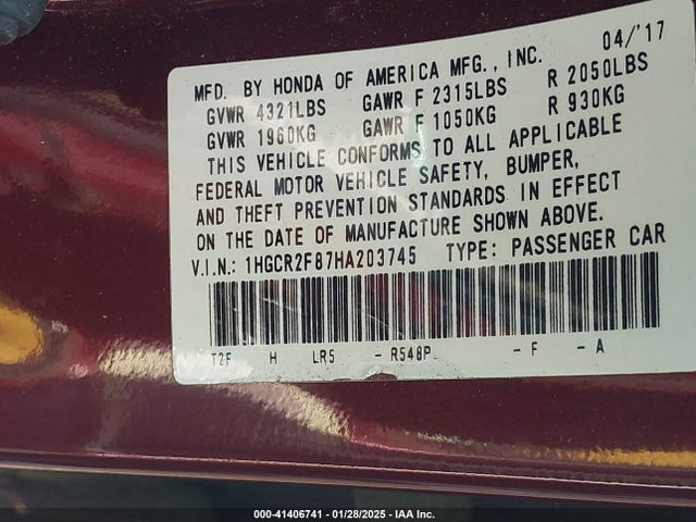 Honda Accord Ex-l 2017 1HGCR2F87HA203745 Image 9