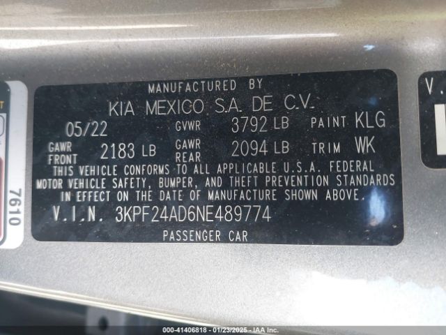 3KPF24AD6NE489774 KIA Forte Lxs