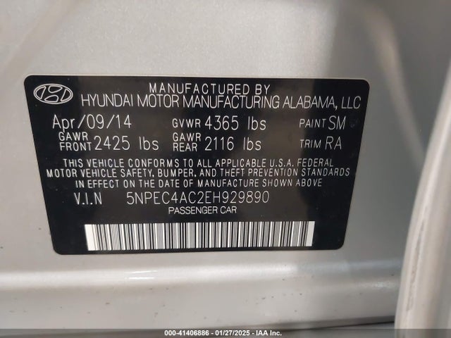 5NPEC4AC2EH929890 Hyundai SONATA SE