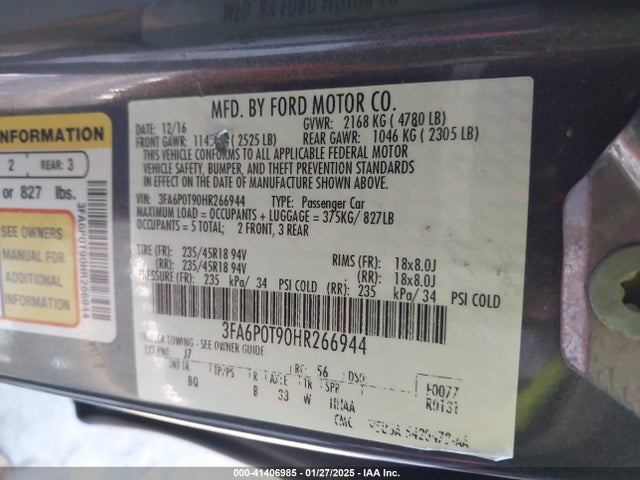 Ford FUSION SE 2017 3FA6P0T90HR266944 Image 9