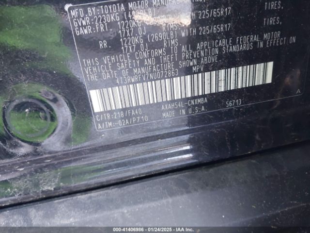 4T3RWRFV7NU072863 Toyota Rav4 Hybrid Xle